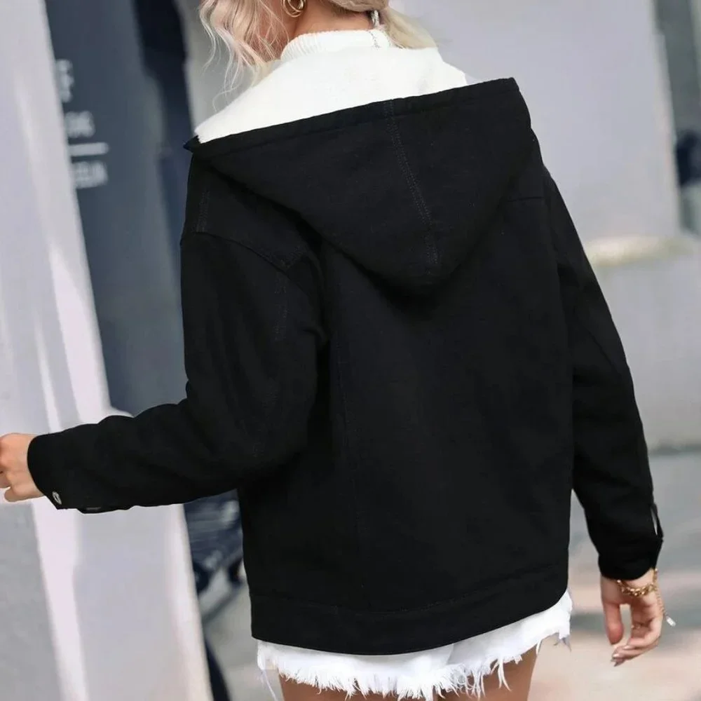 Drawstring Hooded Thermal teddy Lined Black Denim Jacket - Picture 3 of 6